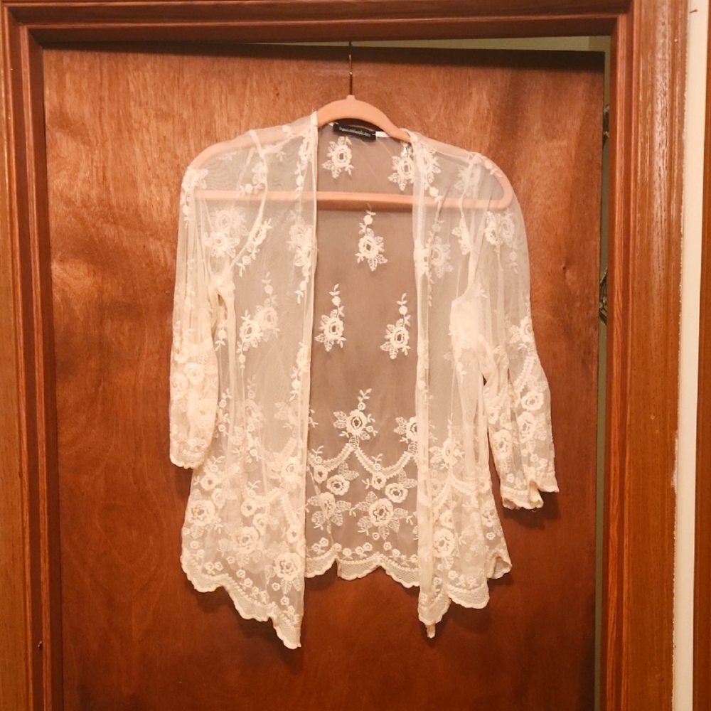 Elegant Cream Sheer Lace Cardigan Size Small